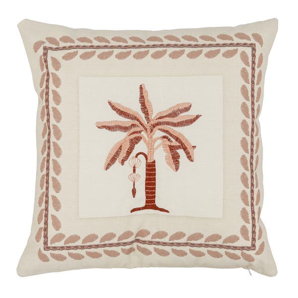 Almofada Quadrado Coqueiro Bordado Bege e Terracota 43x43cm