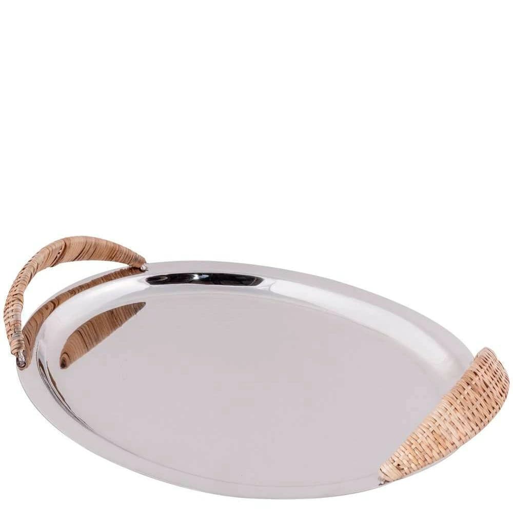 Bandeja e Aço Inox e Alça de Rattan 46x40x8cm