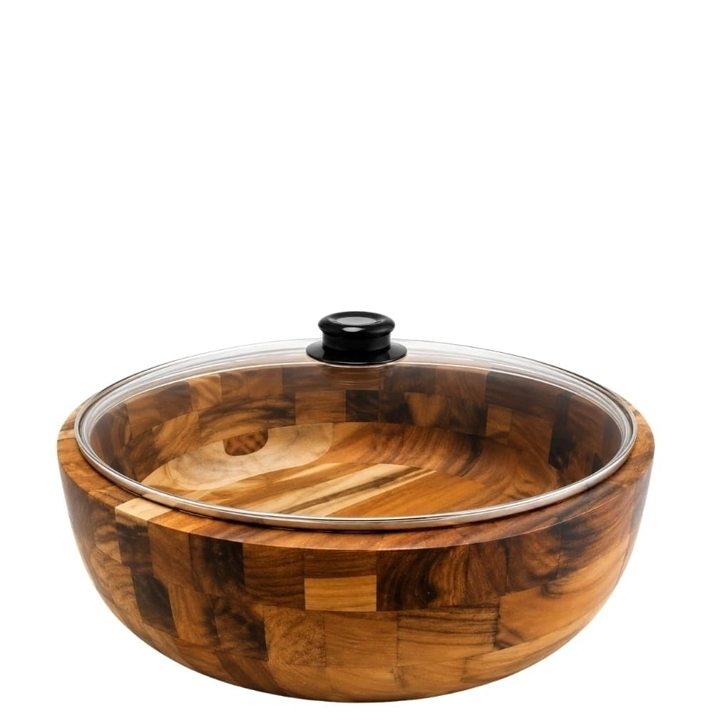 Bowl de Madeira Teca com Tampa de Vidro 26x7cm