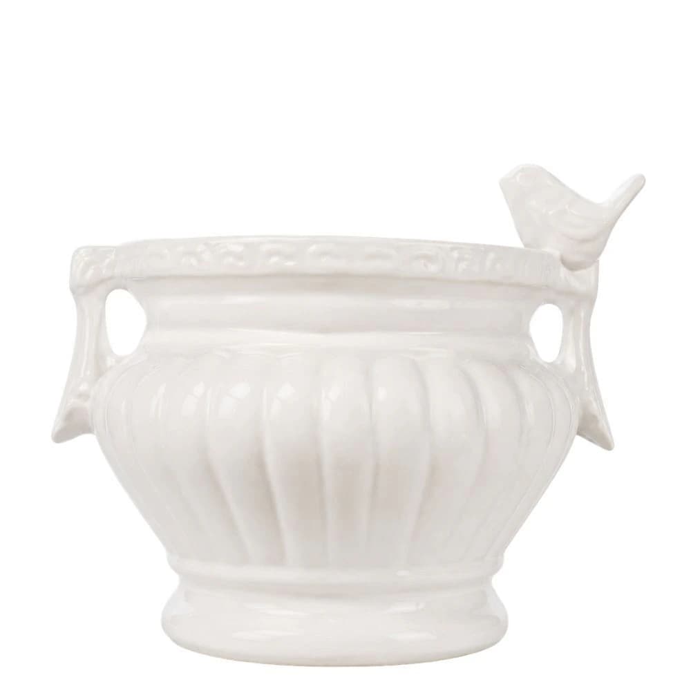 Cachepot de Porcelana Pássaro Branco 26x16cm