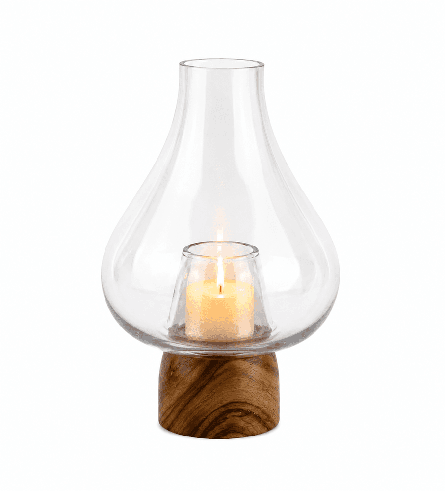 Castical em Vidro Base Madeira 16,5 X 16,5 X 24cm