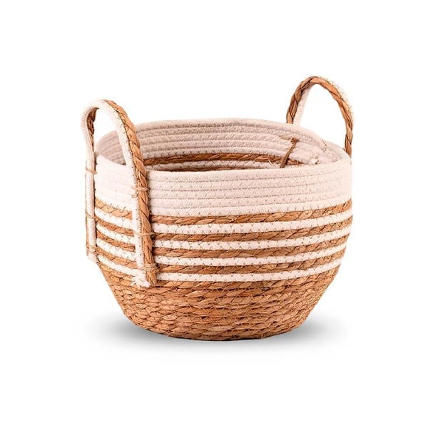 Cesto Fibra Natural Natural e Branco Listrado 40 cm Floral Atlanta