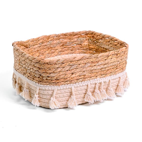 Cesto Fibra Palha e Creme Lima Franjas 10x15 cm Alluria