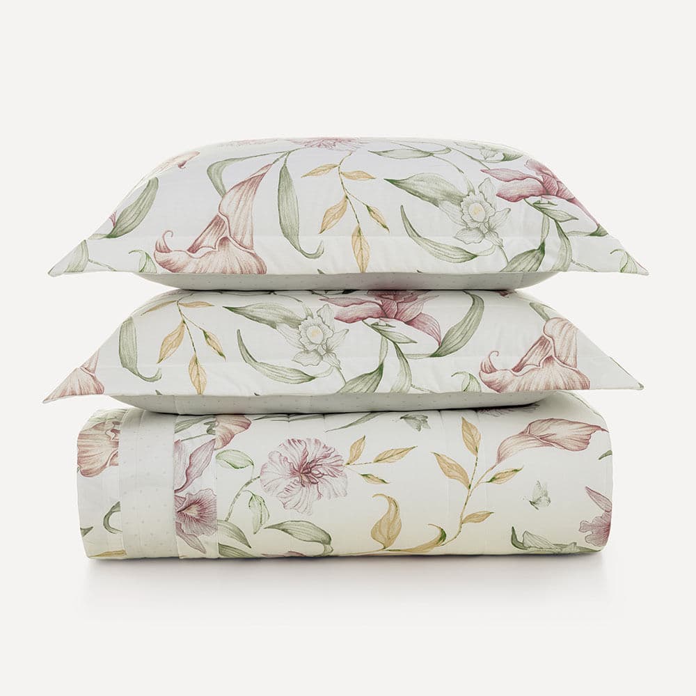 Colcha Queen com 2 Porta-travesseiros 200 Fios Estela Branco/Rosa