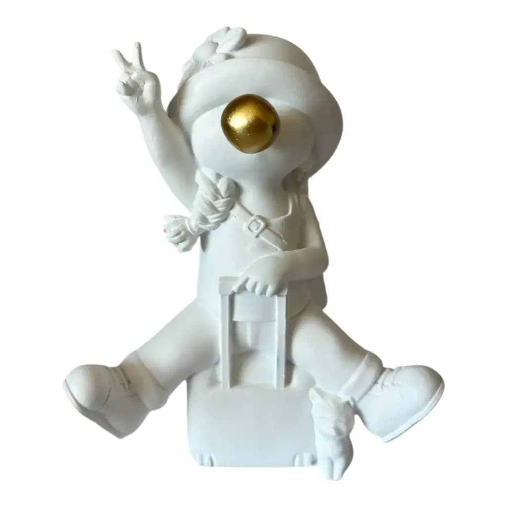 Escultura Decorativa Menina com Mala e Gato — Única
