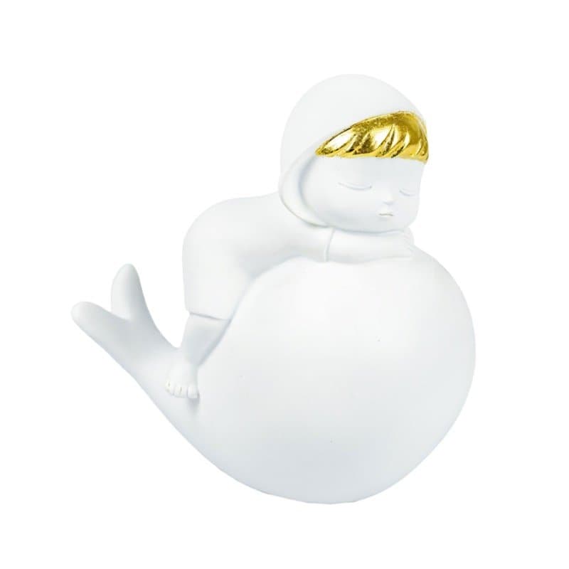 Escultura em Resina Criança Dormindo Lucatti Branco e Dourado