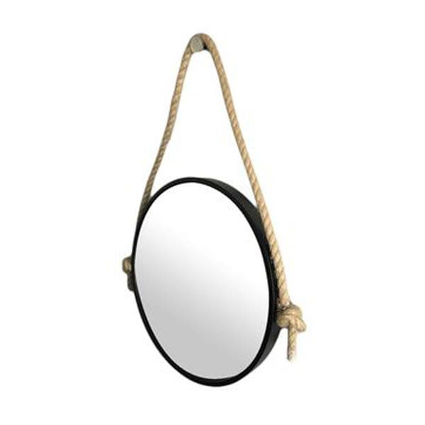 Espelho Decorativo Adnet Preto Alça de Sisal Natural 40cm