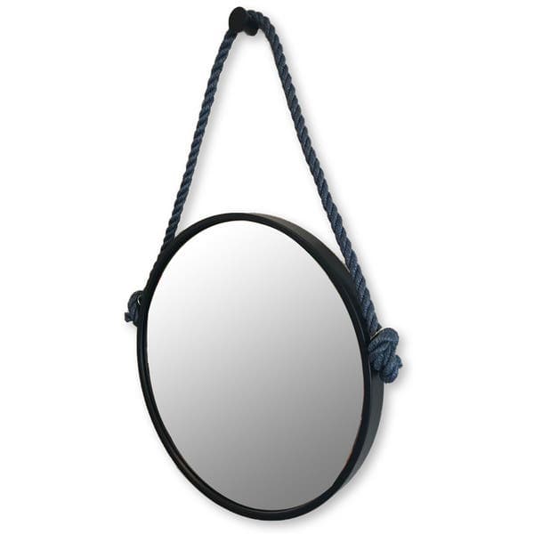 Espelho Decorativo Adnet Preto com Alça de Sisal Blue 50cm