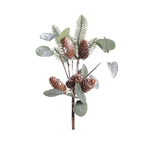 Galho Decorativo Pinhas Nevadas Verde e Marrom 15x25x35cm Cromus