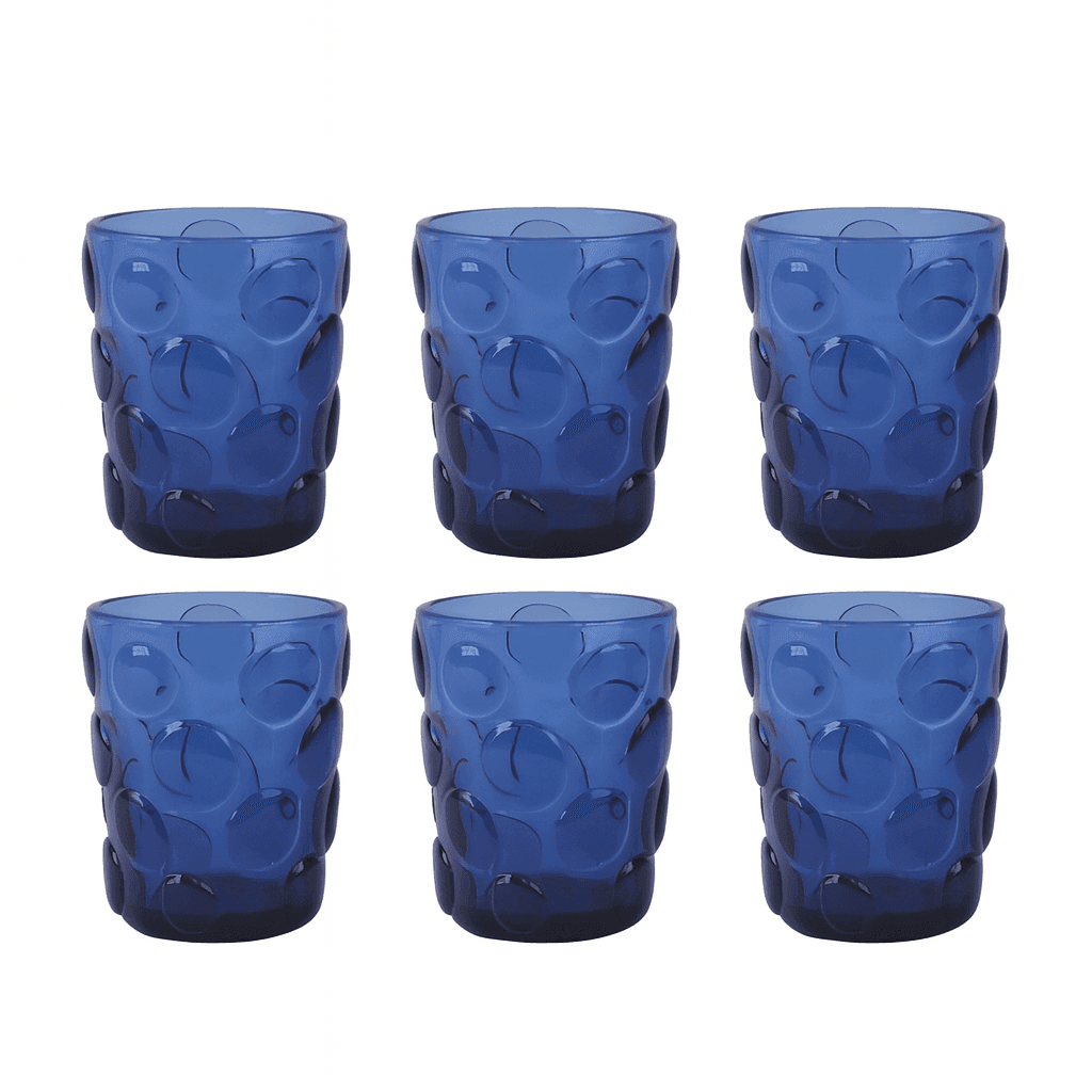 Jogo 6 Copos Baixos em Vidro Bolhas Azul