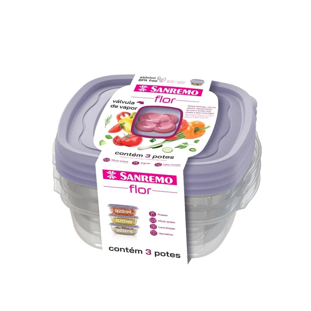 Jogo de Potes De Plástico Quadrado Flor 3 Peças 920mL - Sanremo