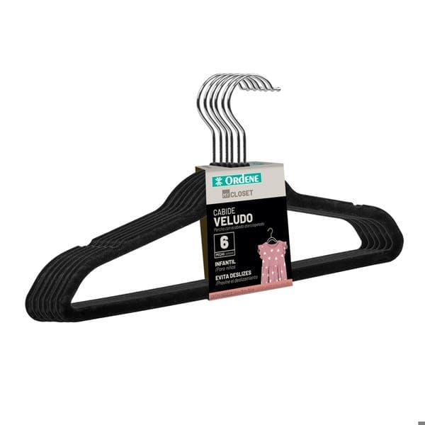 Kit 6 Cabides Veludo Preto Infantil Ordene