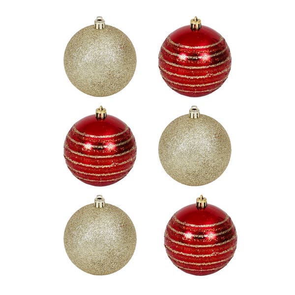 Kit Bola de Natal Vermelha e Ouro Listrada 8cm 6 Peças Cromus