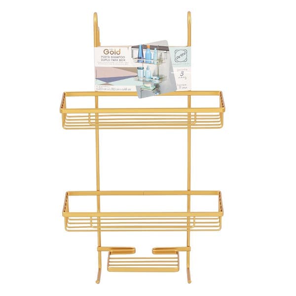 Porta Shampoo Reto Duplo Pendurar no Box Metal Dourado Arthi