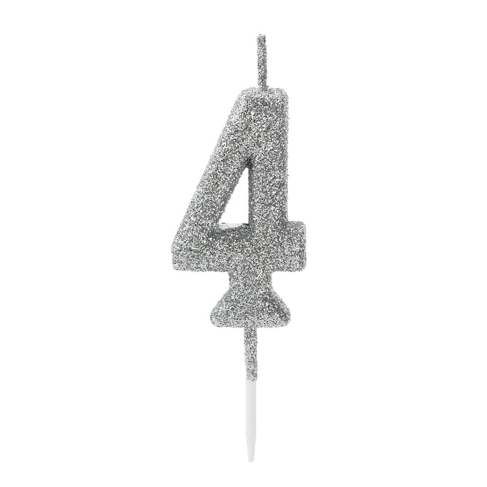 Vela Pick Glitter Número 4 Prateada - Silver Plastic