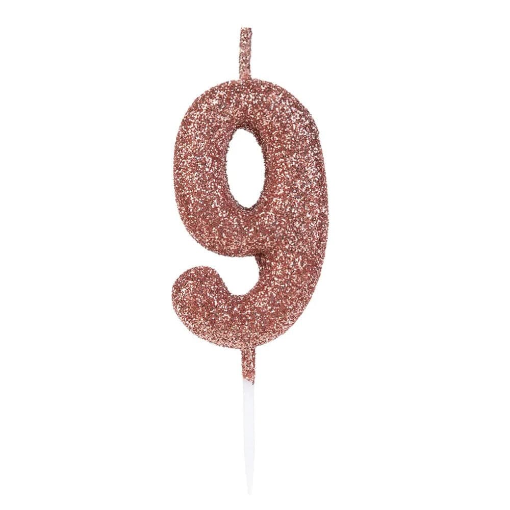 Vela Pick Glitter Número 9 Rose Gold - Silver Plastic