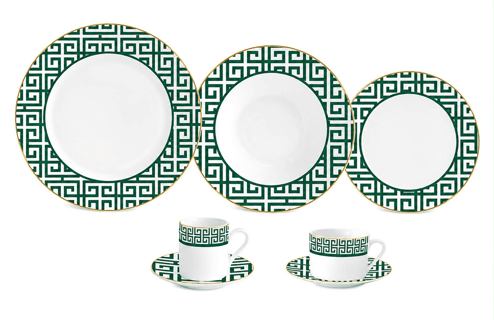 Aparelho de Jantar Grecco Porcelana 42 Peças Verde com Filado Dourado - Full Fit