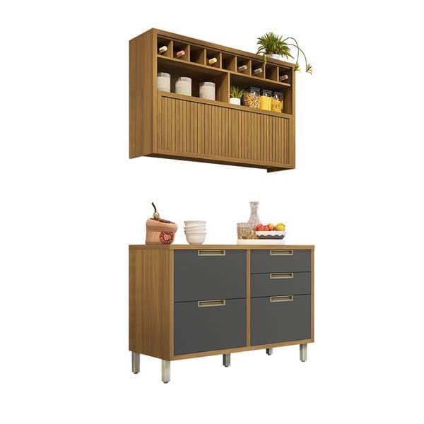 Armário de Cozinha Compacto MDF Freijó e Grafite Balcão e Armário Aéreo 120x221,5x52cm Turquesa Nesher