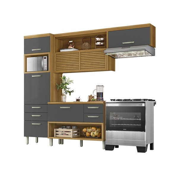 Armário de Cozinha Compacto MDF Freijó e Grafite Balcão Torre e Armário Aéreo 264x221,5x52cm Safira Nesher