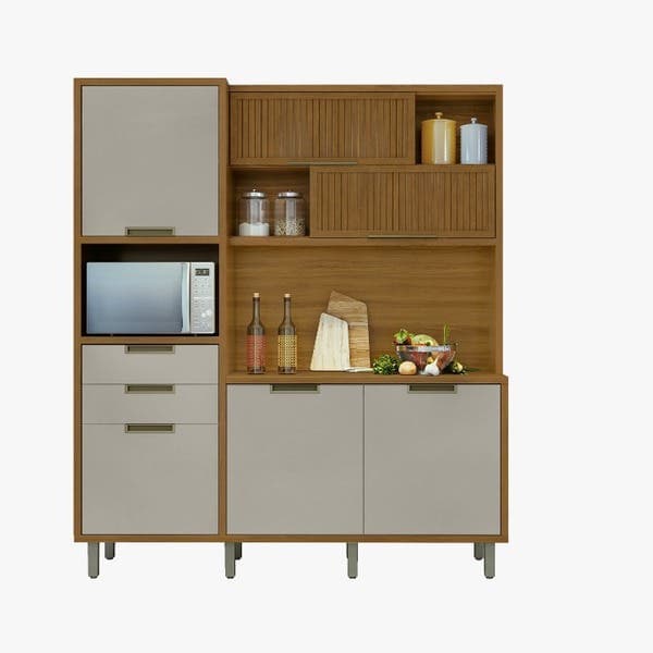 Armário de Cozinha Compacto MDF Freijó e Off White Balcão Torre e Armário Aéreo 183x212x47cm Loft Turquesa Nesher