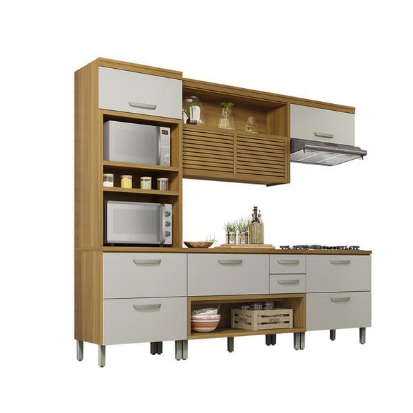 Armário de Cozinha Compacto MDF Freijó e Off White Balcão Torre e Armário Aéreo 264x221,5x52cm Safira Nesher