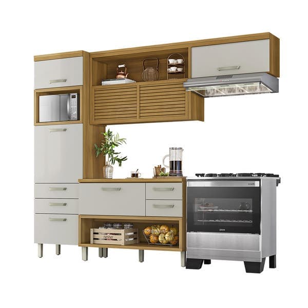 Armário de Cozinha Compacto MDF Freijó e Off White Balcão Torre Nicho e Armário Aéreo 264x221,5x52cm Safira Nesher