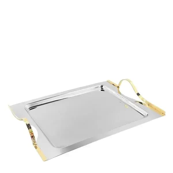 Bandeja Retangular Grande Craquele Inox com Detalhes em Ouro 24K Riva