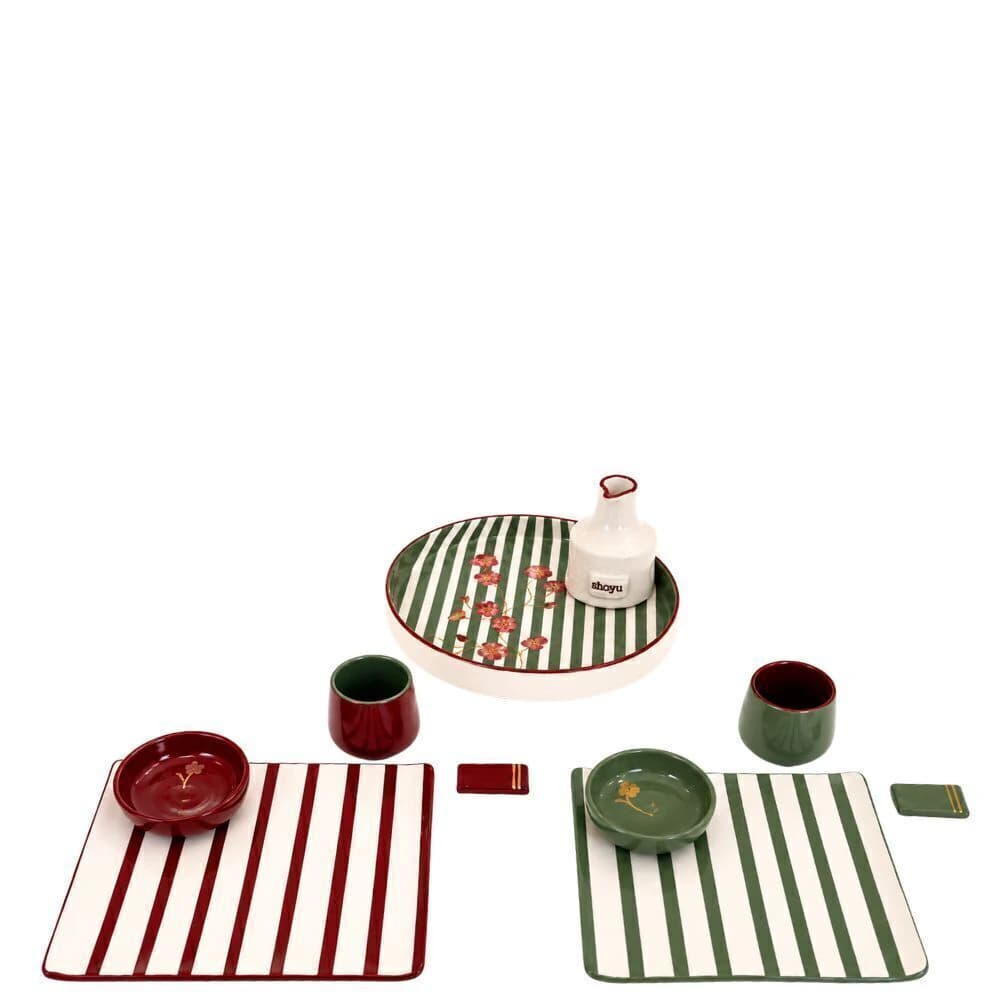 Conjunto Japonês de Cerâmica Verde e Bordô 10pçs