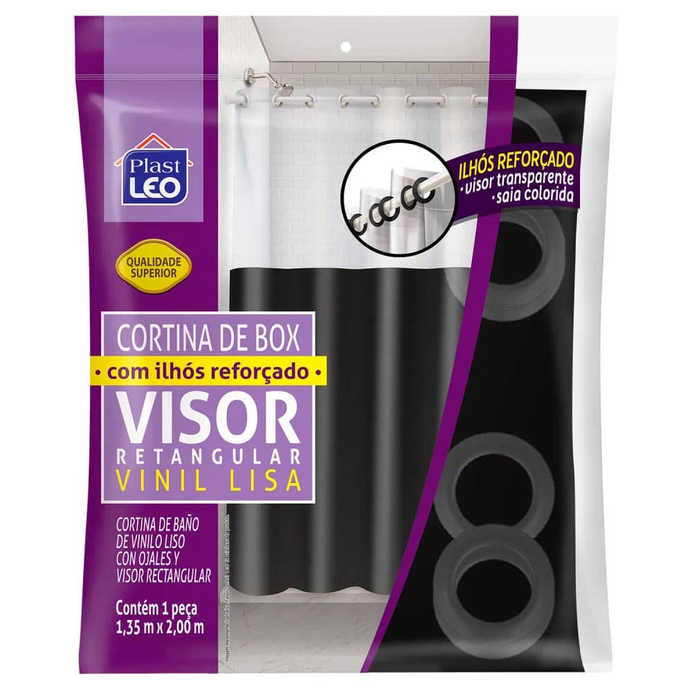 Cortina para Box de Banheiro com Visor 2x1,35m Preta - Plast Leo