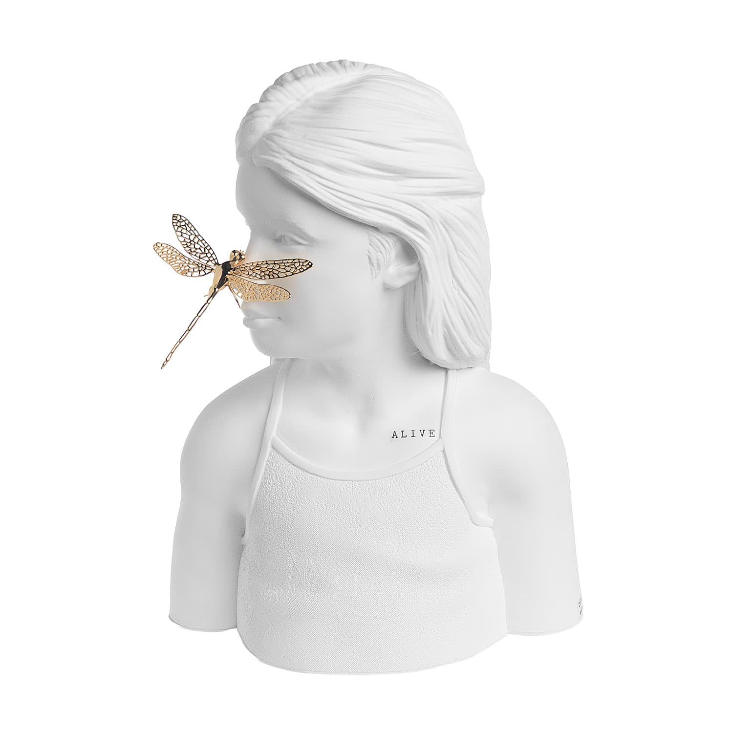 Escultura Busto Menina Libélula Dourada Sui Objetos 30 x 37 cm