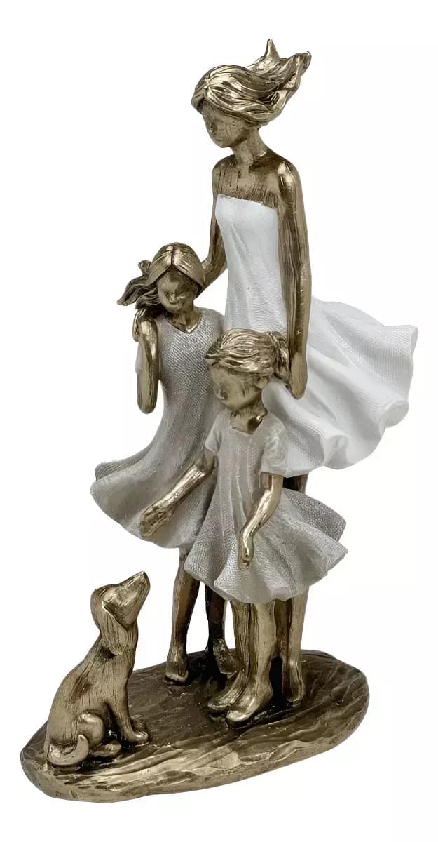 Escultura Decorativa Mãe Com Filhas e Pet