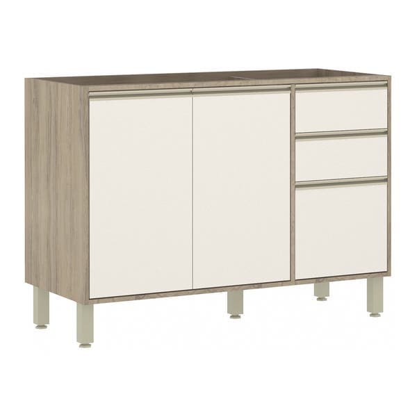 Gabinete de Cozinha 2 Portas de Abrir 3 Gavetas 1,2mx87cmx51,5cm MDP Pérola Off Mel Selfie Luciane