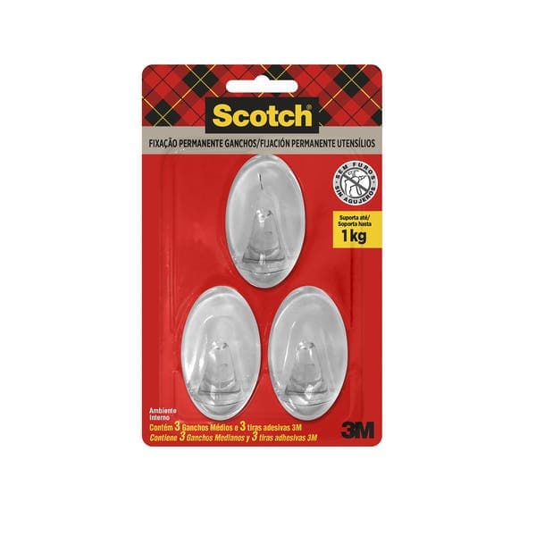 Gancho Adesivo 1kg Transparente Scotch 3 peças