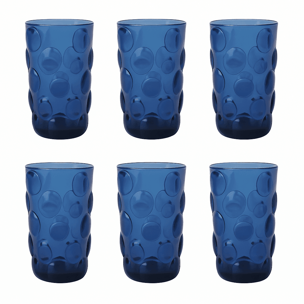 Jogo 6 Copos Altos em Vidro Bolhas Azul 350 ml