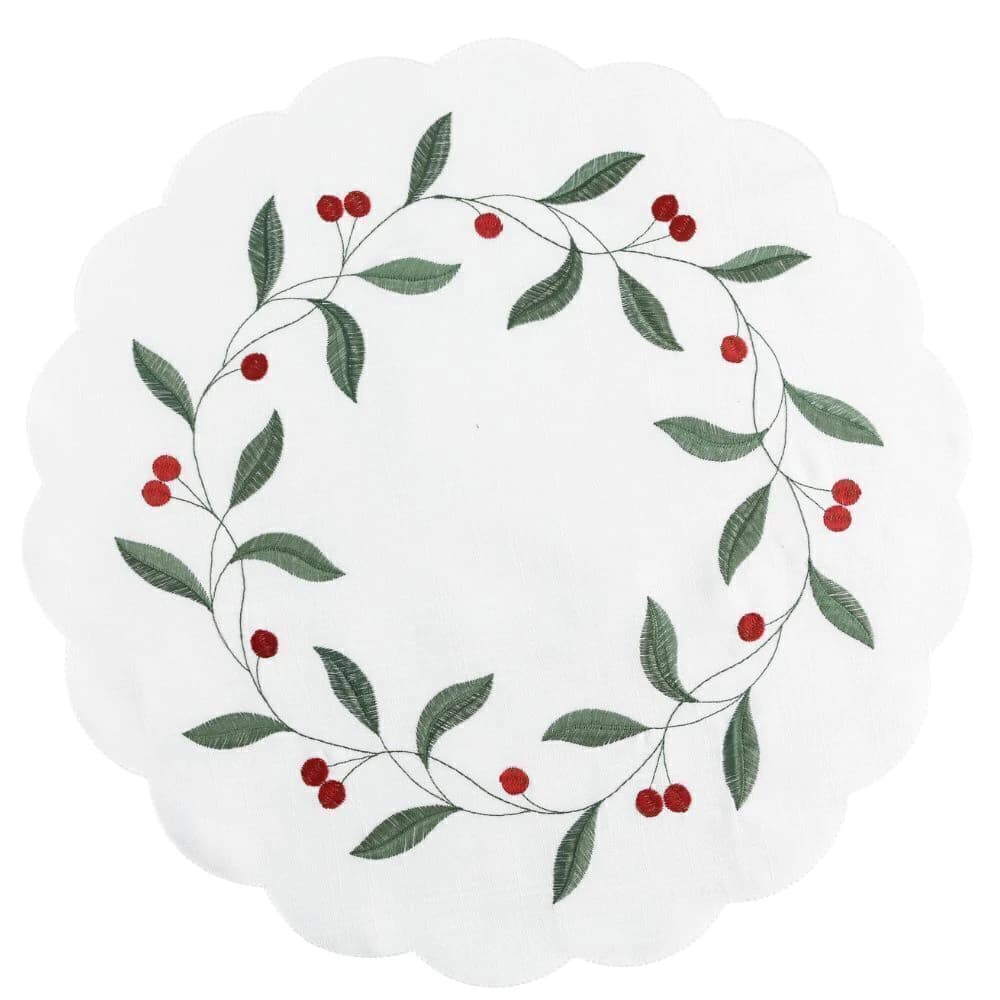 Jogo Americano de Poli-linho Bordado Auguri Casa Vento Di Natale Branco 40cm 4pçs