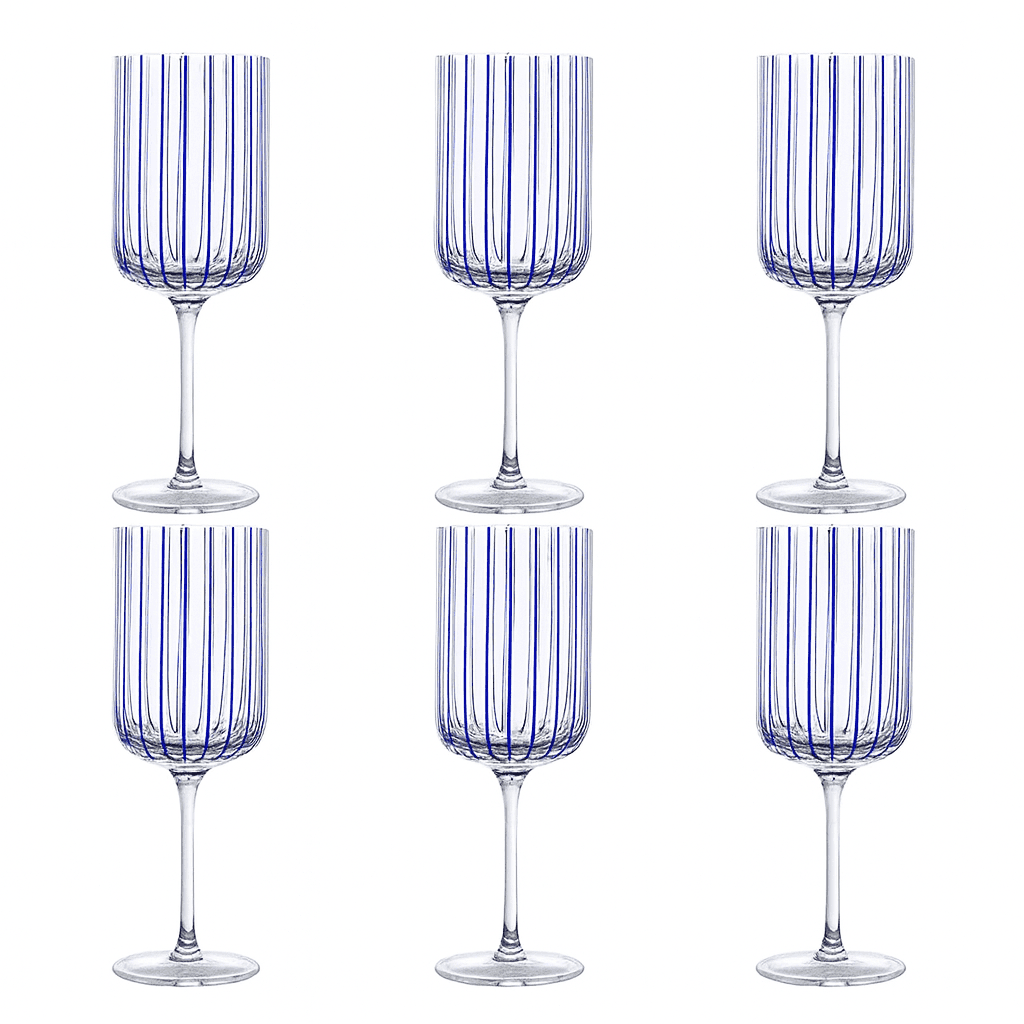 Jogo De 06 Taças De Vinho Transparente Com Listras Azuis 400 ml