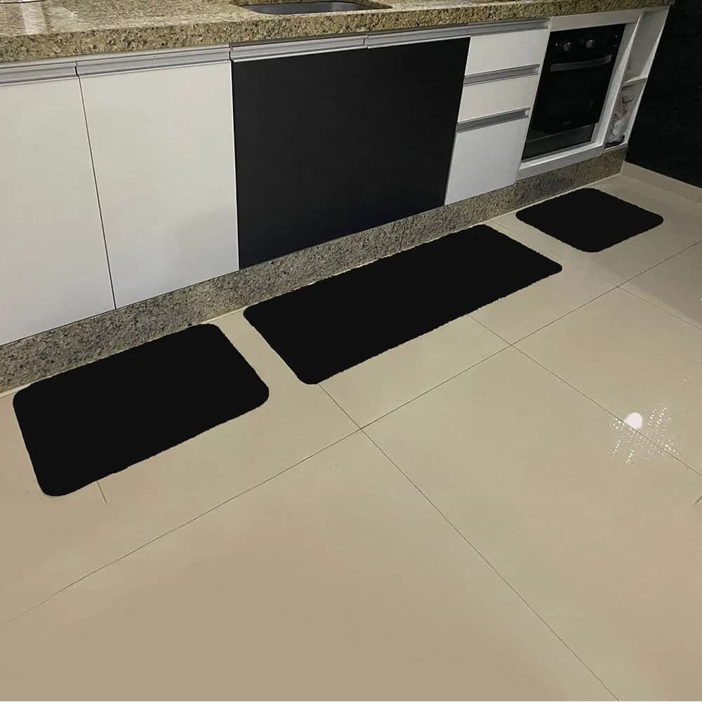 Jogo de Tapetes para Cozinha 3 Peças Preto - Comoditá