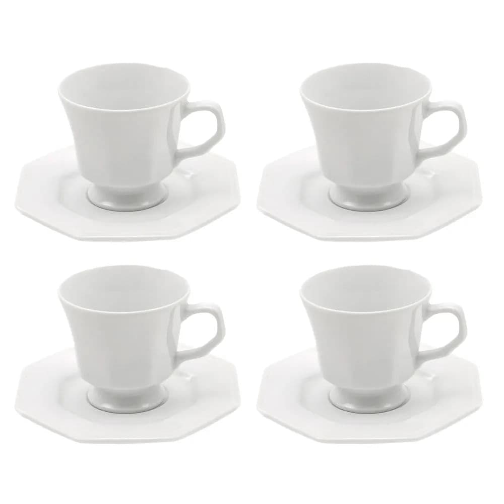 Kit Com 4 Xícaras de Chá com Pires Prisma 200mL Branca - Schmidt