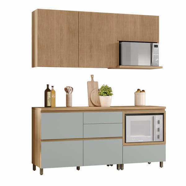 Kit Cozinha Compacta 100% MDF Nature e Verde Balcão e Armário Aéreo 4 Portas 5 Gavetas 190x228x52cm Rainha Nesher