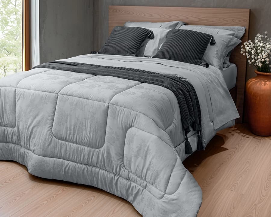 Kit Zelo Select Jacquard 5 Peças - Edredom + Jogo de Cama King - Percal 400 Fios - Prata
