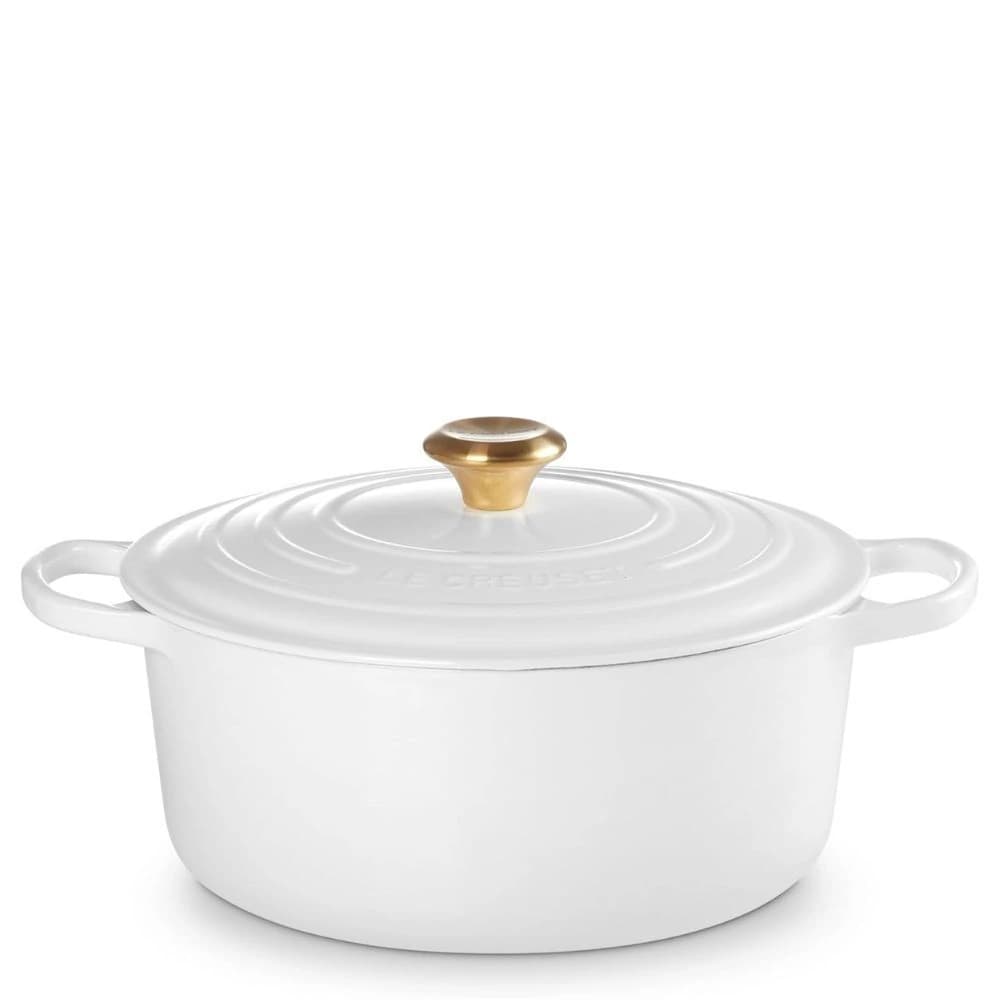 Panela de Ferro Le Creuset Signature Branca com Pegador Dourado 26cm