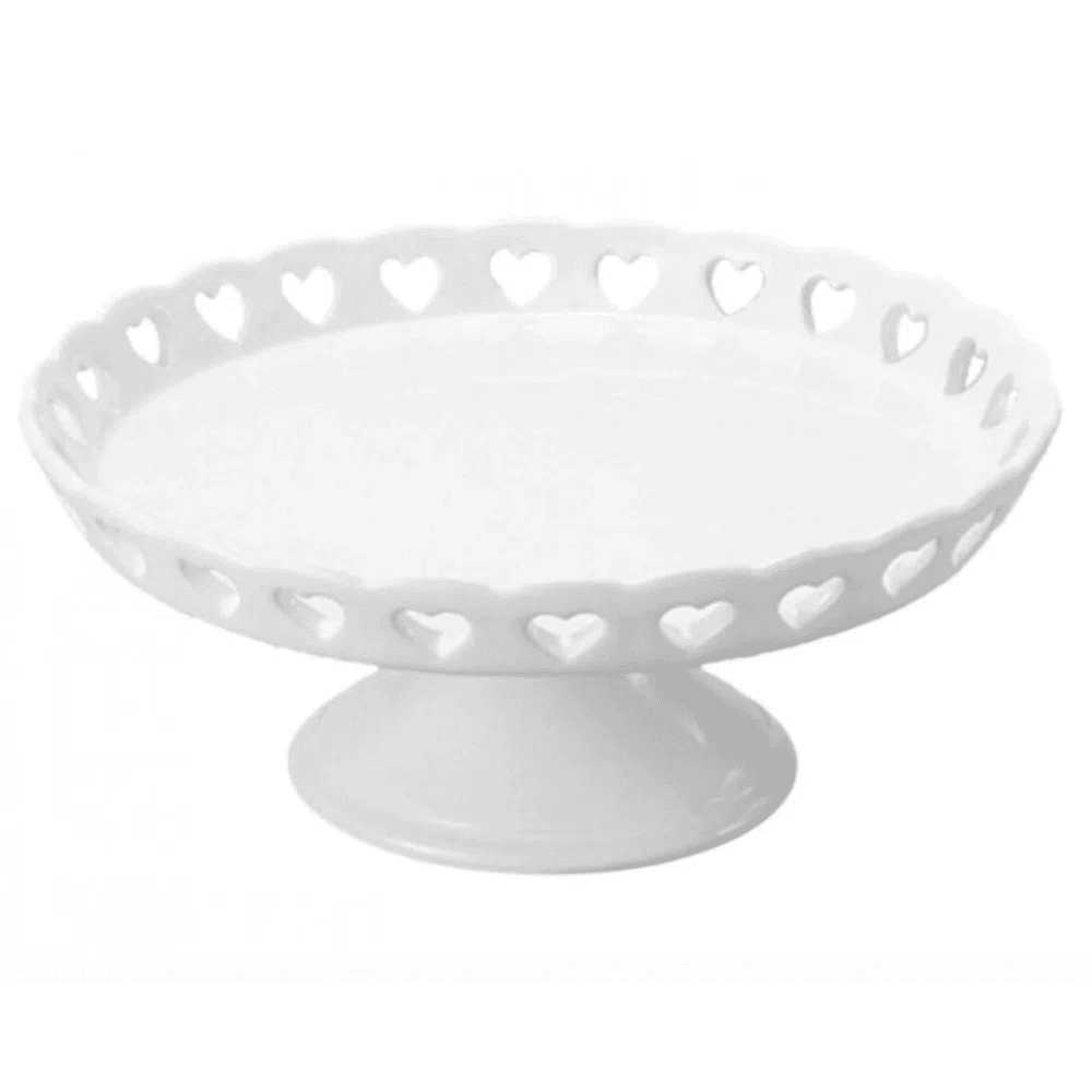 Prato para Doce de Cerâmica Branco com Borda de Coração 20cm