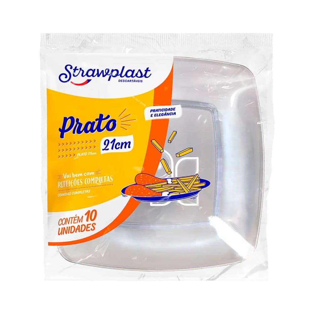 Prato Quadrado 21cm 10 Unidades Cristal - Strawplast
