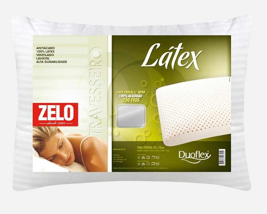 Travesseiro Zelo por Duoflex 100% Látex 0.42x0.62m - Percal 230 Fios