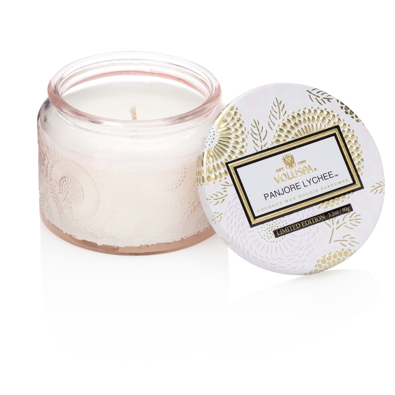 Vela Pote de Vidro em Alto Relevo Panjore Lychee Voluspa 25 horas
