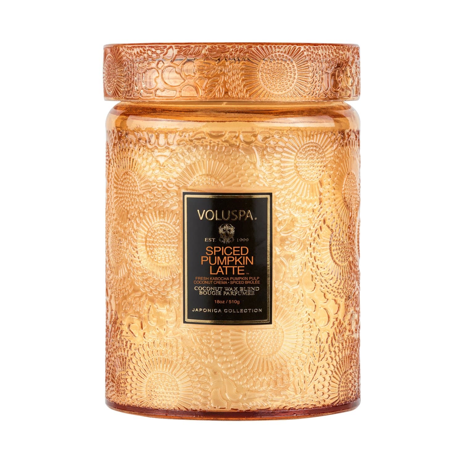 Vela Pote de Vidro em Alto Relevo Spiced Pumpkin Latte Voluspa 100 Horas